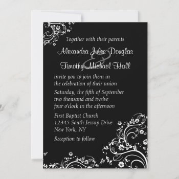 Black And White Floral Swirls Wedding Invitation by Jamene at Zazzle