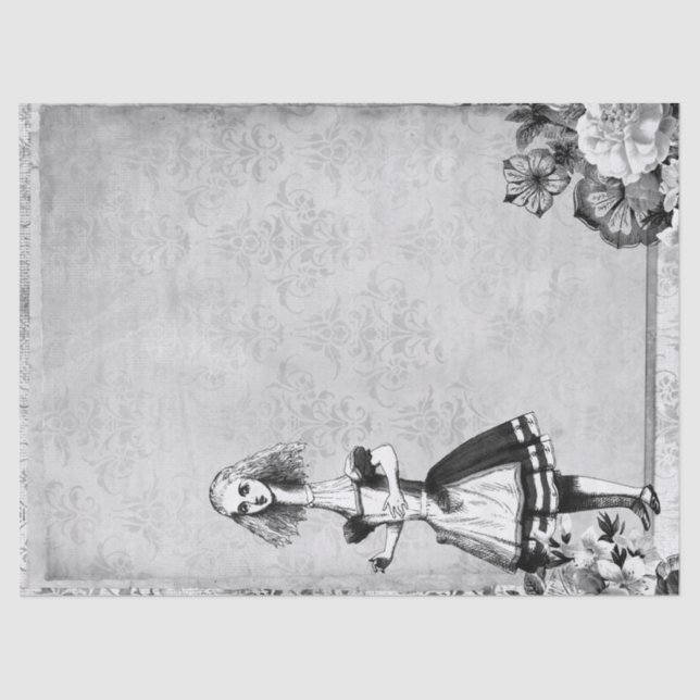 Black and White Floral Tall Alice in Wonderland Tissue Paper (Front)