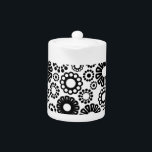 Black and white floral Tea Pot<br><div class="desc">Elegant folk inspired pattern with flowers and leaves</div>
