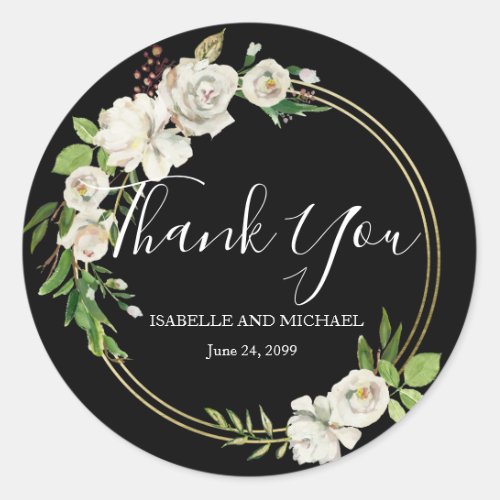 Black and White Floral Thank You Wedding Classic Round Sticker