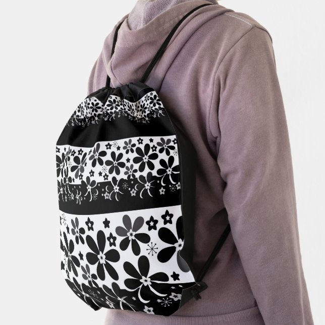 Black and white floral throw  drawstring bag (Insitu)
