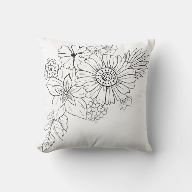 Black and White Floral Throw Pillow (Front)