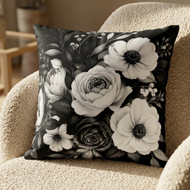 Black And White Floral Throw Pillow (Creator Uploaded)