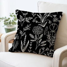 Black and White Floral Throw Pillow