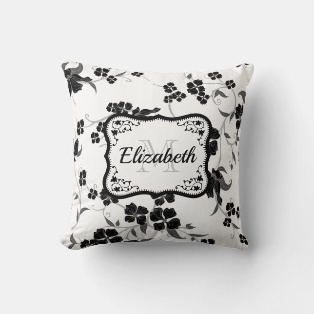 Black and White Floral Throw Pillow (Front)