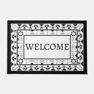 Black and White Floral Tile Design Welcome Doormat