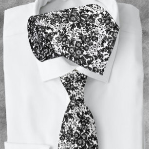 Black and White Floral Tiny Flowers Neck Tie