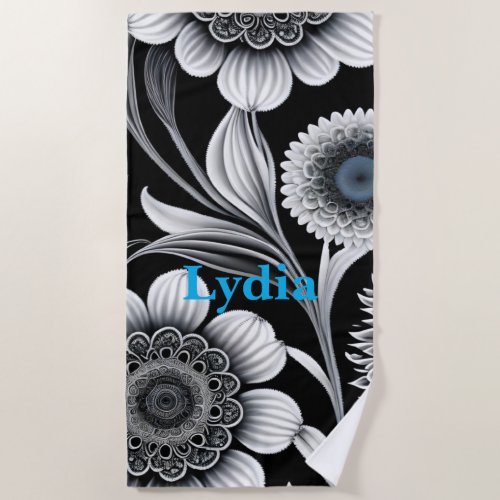 Black and White Floral Trendy Modern Boho Cute Beach Towel