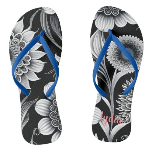 Black and White Floral Trendy Modern Boho Cute Flip Flops