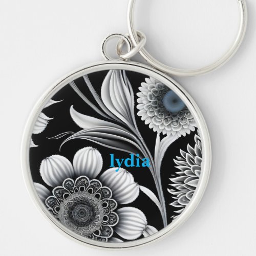 Black and White Floral Trendy Modern Boho Cute Keychain