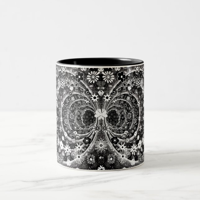 Black and white floral tunnel design  Two-Tone coffee mug (Center)