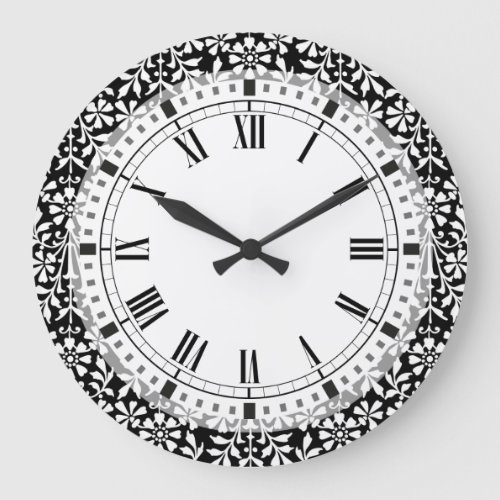 Black and White Floral Vintage Large Clock