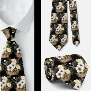 Black and White Floral Watercolor Neck Tie