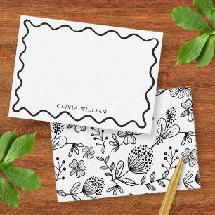 Black And White Floral Wavy Border Personalized Note Card