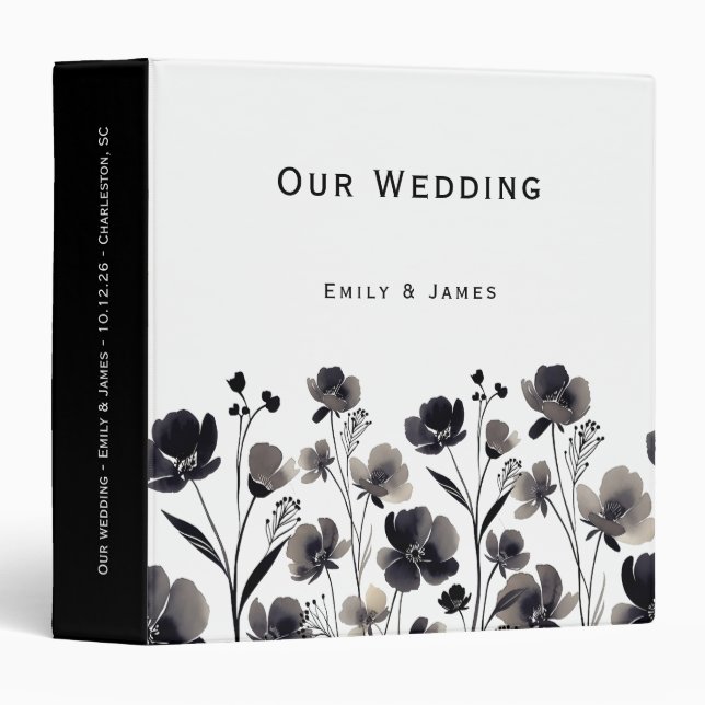 Black and White Floral Wedding 3 Ring Binder (Front/Spine)