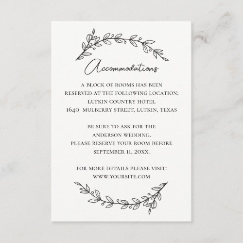 Black and white floral wedding accommodations enclosure card