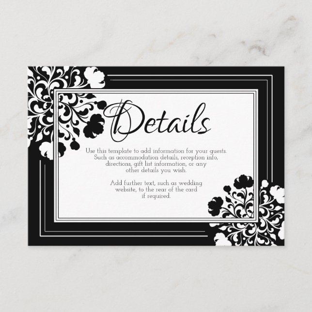 Black and White Floral Wedding Details Card (Front)