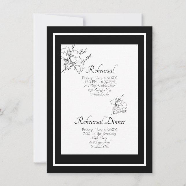 Black and White Floral Wedding Elegant Rehearsal Invitation (Front)