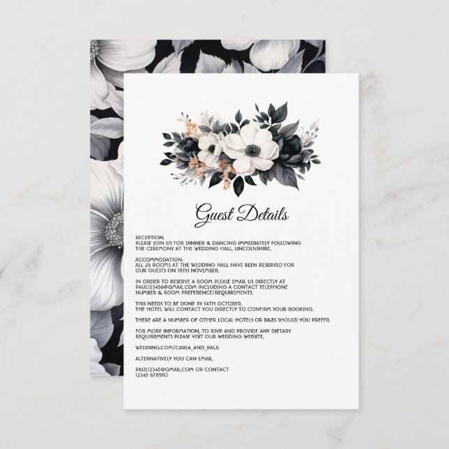 Black and White Floral Wedding Guest Details Enclosure Card (Front/Back)