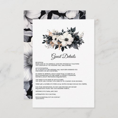 Black and White Floral Wedding Guest Details Enclosure Card