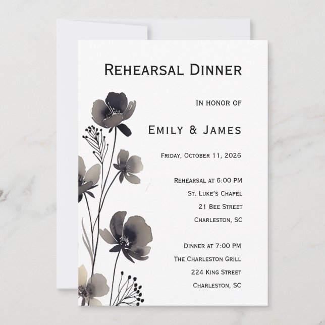 Black and White Floral Wedding Invitation (Front)