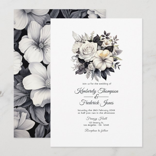Black and White Floral Wedding Invitation (Front/Back)