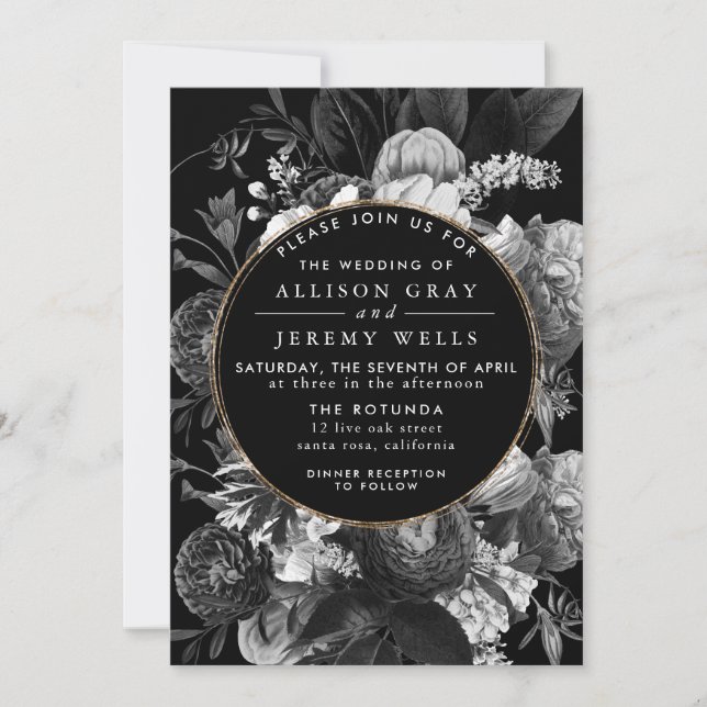 Black and White Floral Wedding Invitation Flyer (Front)
