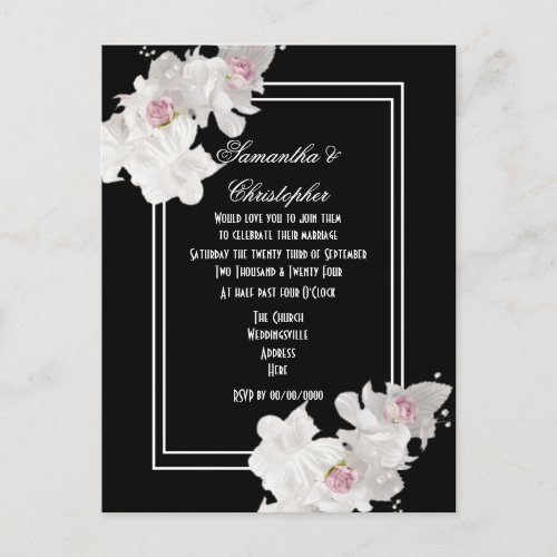Black and white floral wedding invitation postcard