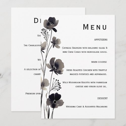 Black and White Floral Wedding Menu