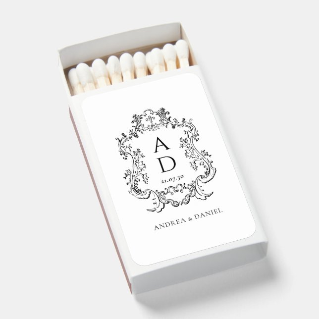 Black and White Floral Wedding Monogram Matchboxes (Front Open)