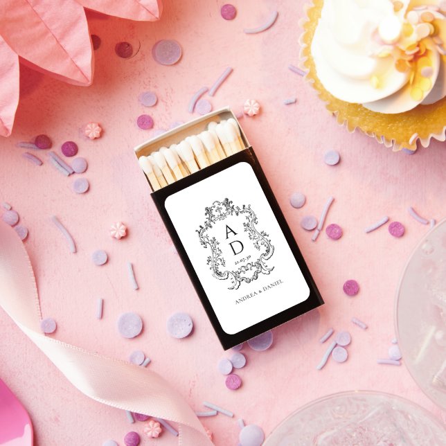 Black and White Floral Wedding Monogram  Matchboxes (Insitu)