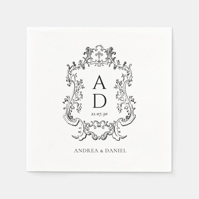 Black and White Floral Wedding Monogram  Napkins (Front)
