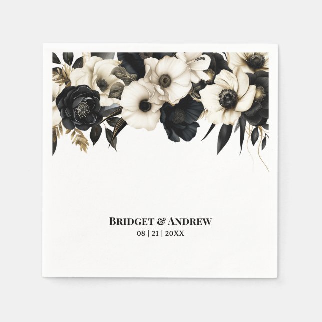 Black and White Floral Wedding Napkins (Front)