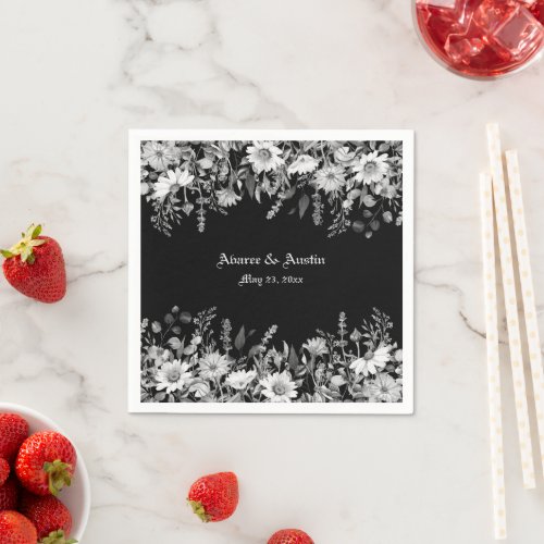 Black and White Floral Wedding Napkins