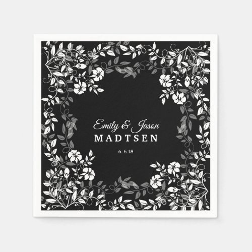 Black and White Floral Wedding Paper Napkins