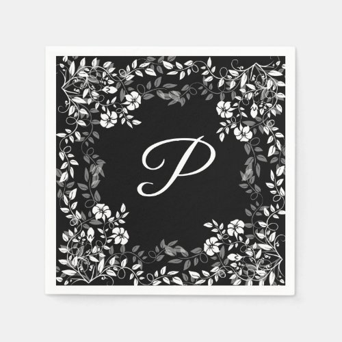 Black and White Floral Wedding Paper Napkins