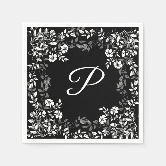 Black and White Floral Wedding Paper Napkins (Front)
