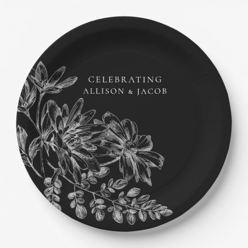 Black and White Floral Wedding  Paper Plate