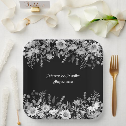 Black and White Floral Wedding Paper Plates