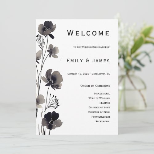 Black and White Floral Wedding Program