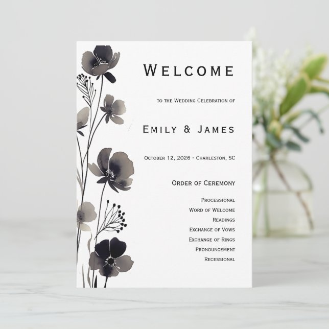 Black and White Floral Wedding Program (Standing Front)