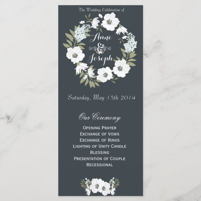 Black and White floral wedding program (Front)