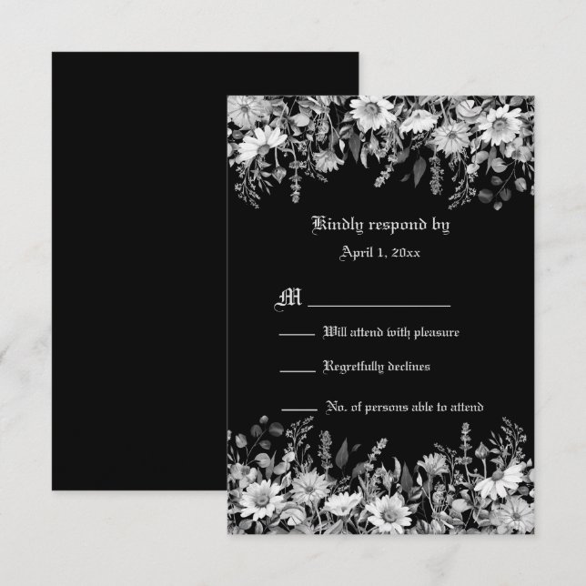 Black and White Floral Wedding RSVP (Front/Back)