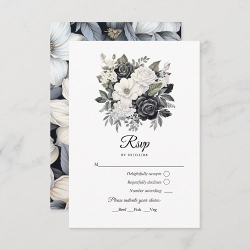 Black and White Floral Wedding RSVP Card