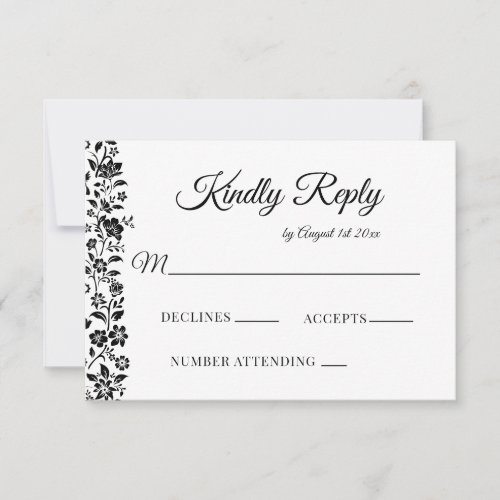 Black and White Floral Wedding RSVP Card