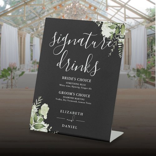 Black And White Floral Wedding Signature Drinks Pedestal Sign