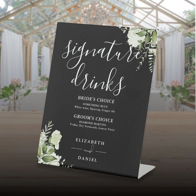 Black And White Floral Wedding Signature Drinks Pedestal Sign (Black And White Floral Wedding Signature Drinks Pedestal Sign)