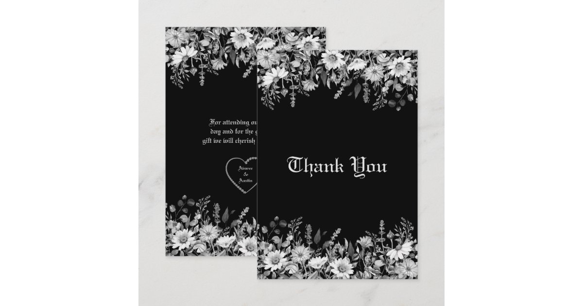 Black and White Floral Wedding Thank You Card | Zazzle