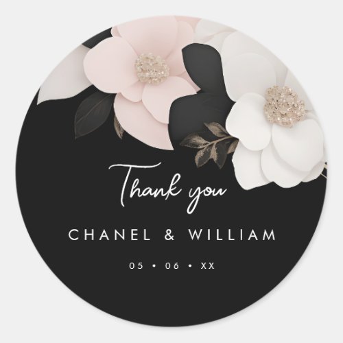 black and white floral wedding thank you classic round sticker