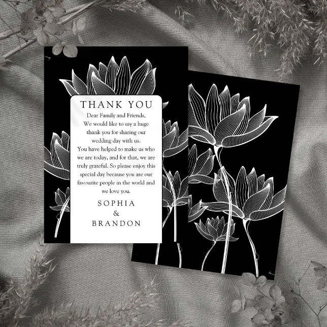 Black And White Floral Wedding Thank You Place Card | Zazzle